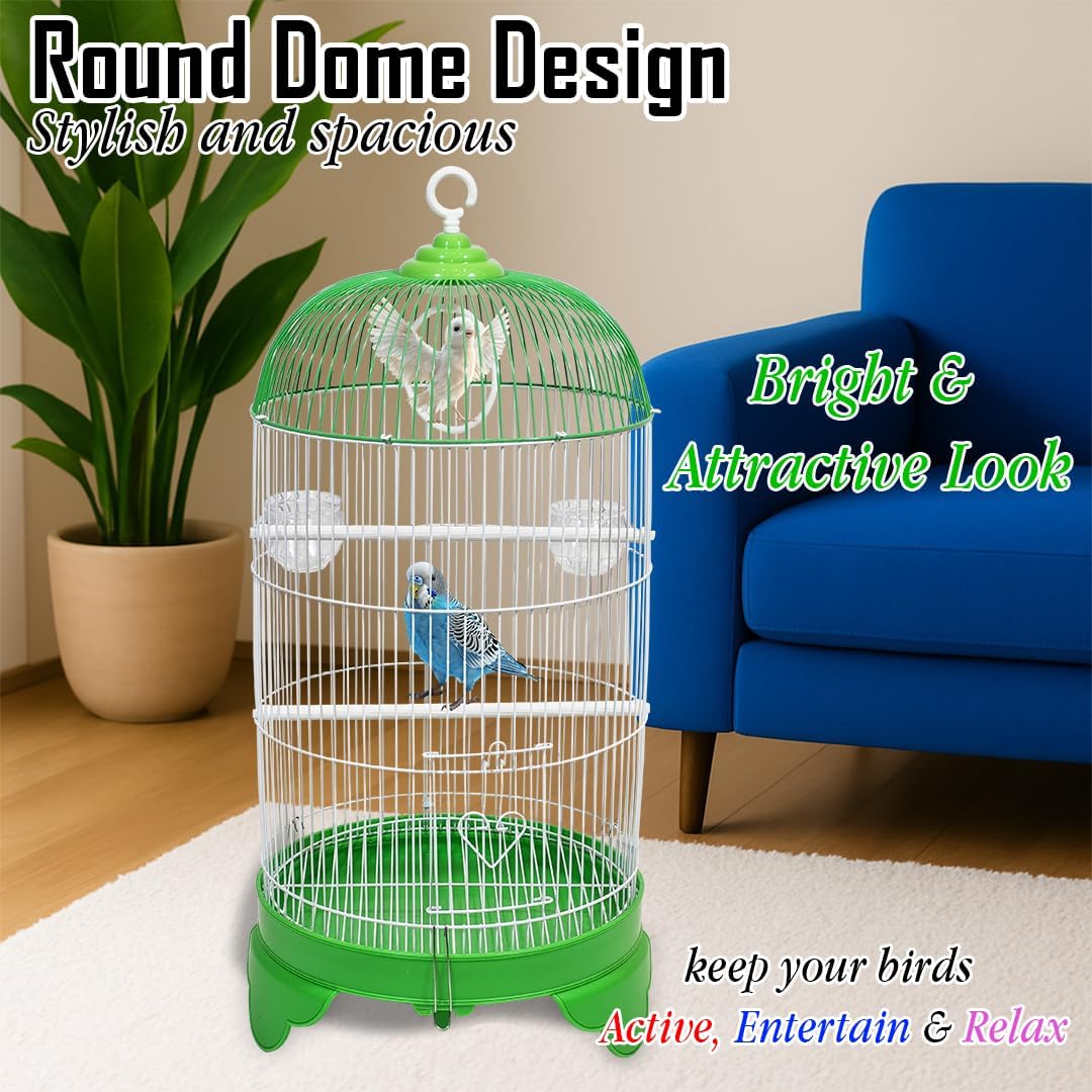 Round Bird Cage with Plastic Base, Metal Wire, Feeding Bowls, Swing, and Perches, 73 cm Travel Portable Cage for Parakeets, Canaries, and Small Birds, Indoor Outdoor Use, Convenient hook (GREEN)