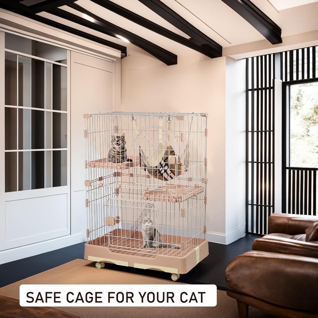 NNC PETS Large Cat Cage Indoor with Cozy Hammock - 2-Tier Metal Wire Cat Crate with 2 Lockable Doors - Climbing ladder, Removable Tray & Universal Wheels - Easy Assembly, 102 cm (Pink, Medium)