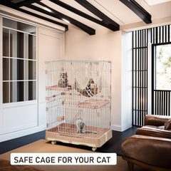 NNC PETS Large Cat Cage Indoor with Cozy Hammock - 2-Tier Metal Wire Cat Crate with 2 Lockable Doors - Climbing ladder, Removable Tray & Universal Wheels - Easy Assembly, 102 cm (Pink, Medium)