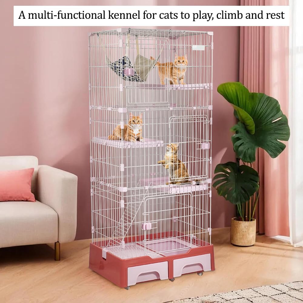 Large Cat Cage - Multi-level Cat House with Hammock, Plastic Perches, Climbing ladder, Litter Box Area and Universal wheels, 4-Tier Metal Pet Cage for Indoor Cats & Kittens 186 cm (Pink)