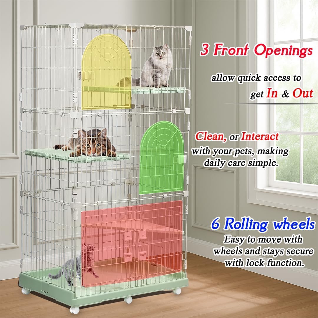 3-Tier Cat Cage with Locking Wheels, Wide Shelves, Multi-Access Door, and Sturdy Metal Wire, 158 cm Cat Playpen for Indoor-Outdoor Use, Durable Pet Crate, Easy to Assemble and Easy to Clean, Green