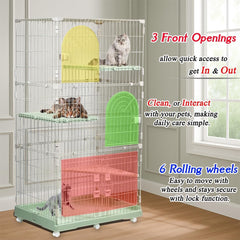 3-Tier Cat Cage with Locking Wheels, Wide Shelves, Multi-Access Door, and Sturdy Metal Wire, 158 cm Cat Playpen for Indoor-Outdoor Use, Durable Pet Crate, Easy to Assemble and Easy to Clean, Green