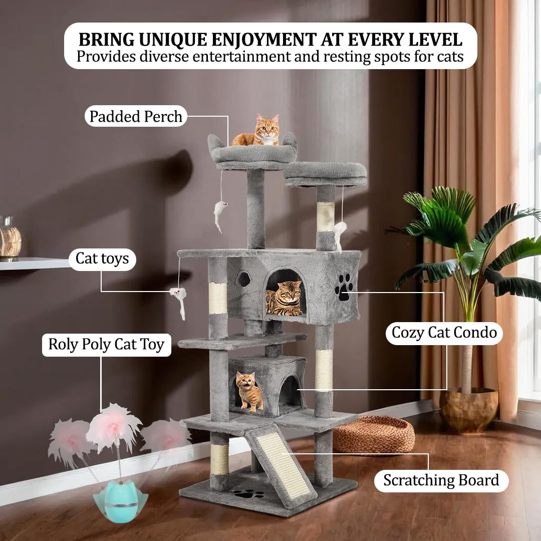 Cat Tree for Big Cats - 140cm Cat Tower House with Multiple Peaches - Cat Condos - Sisal Cat Scratching Post - Dangling Ball - Premium Pet Tree - Durable & Easy Assembly (Grey)