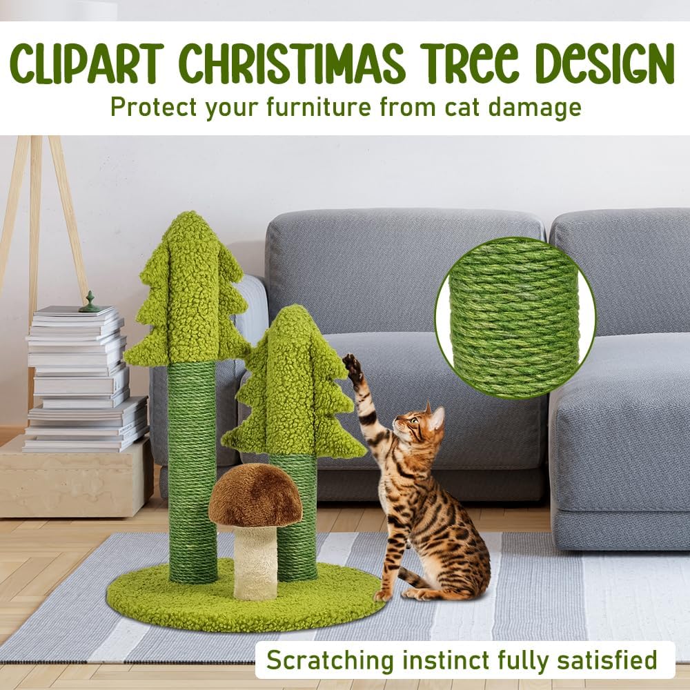 Cat tree scratcher with Cedar tree design, Sisal scratching post, Mushroom-shaped, and Stable base, Durable cat tree activity center for indoor cats, Ideal for healthy cat claws 56 cm (Green)