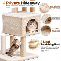 Cat Tree Tower for Indoor Cats, 70 cm Multi-Level Cat Activity Center with Plush Perches, Cozy Hideaway, Sisal Scratching Post and Spring Ball Toy, (Beige)
