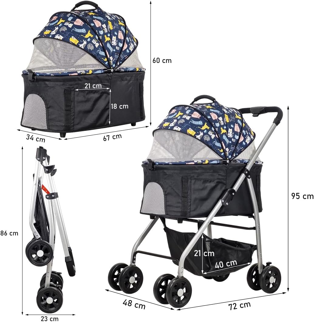 Dog Stroller & Trolley with Adjustable & Spacious Interior | 4 Wheel for Cats and Dogs | Lightweight & Foldable | Storage Bag | Travel & Outdoor Cat Stroller- 95 cm (Dark Black)