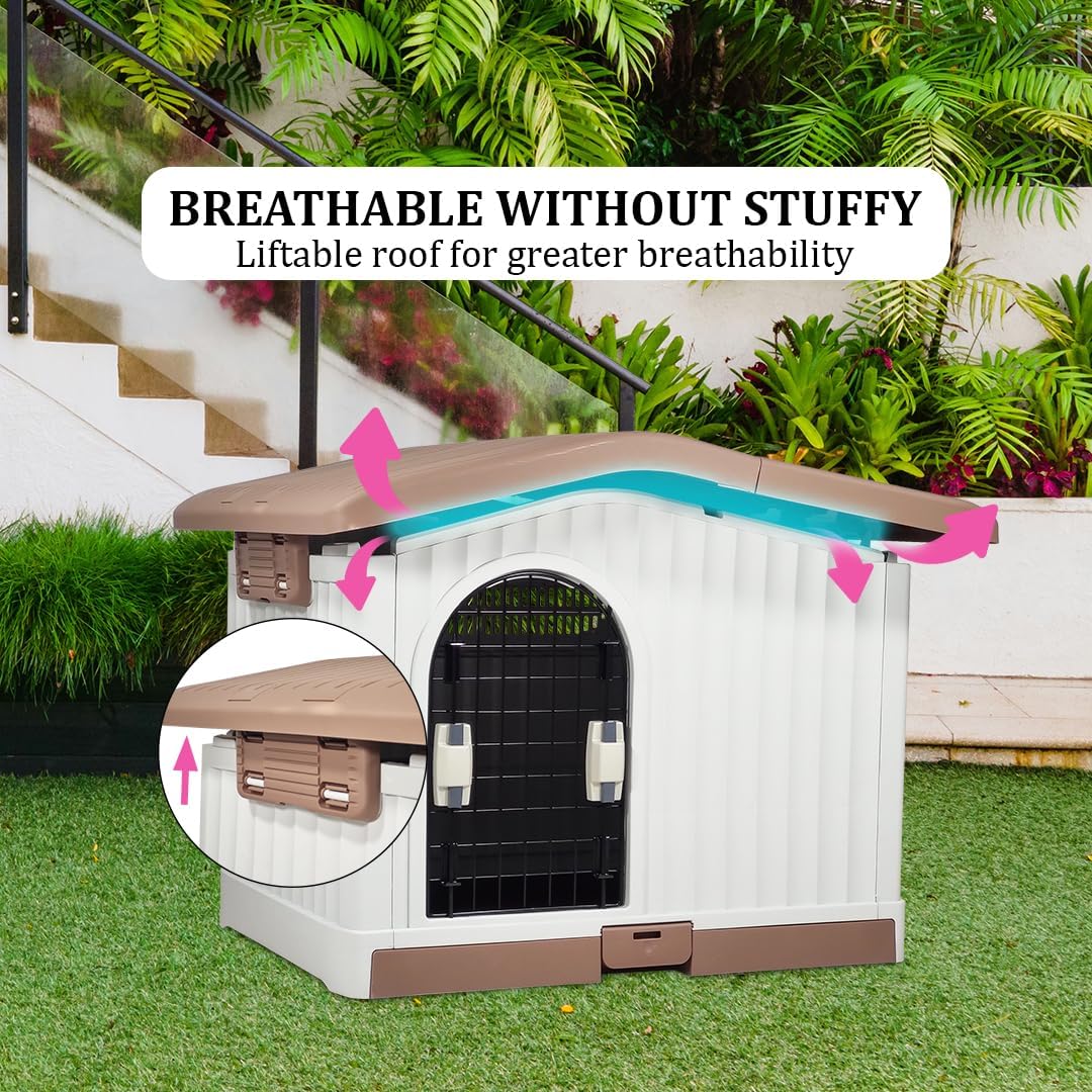 Plastic dog house for small to medium-sized Dogs, Durable PP Material dog house with Liftable Roof, Air vents, and Removable tray, Easy clean & Quick assembly for Indoor & Outdoor 88 cm