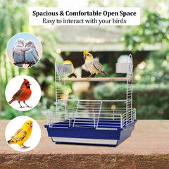 Bird stand for small to medium-sized birds, Interactive bird playground with Wooden perch, Plastic feeding cups, Climbing ladder, and Slide-out tray, Ideal for indoor and outdoor 46 cm (Blue)