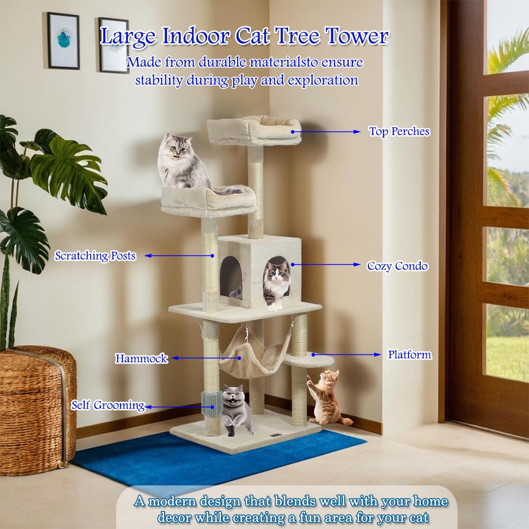 Cat Tree Tower for Big Cats with Double Soft Perches, Cozy Cat Condo, Scratching Post, Spacious Hammock & Self-Grooming Brush, Durable Cat Climbing Frame (Beige, 145 cm)
