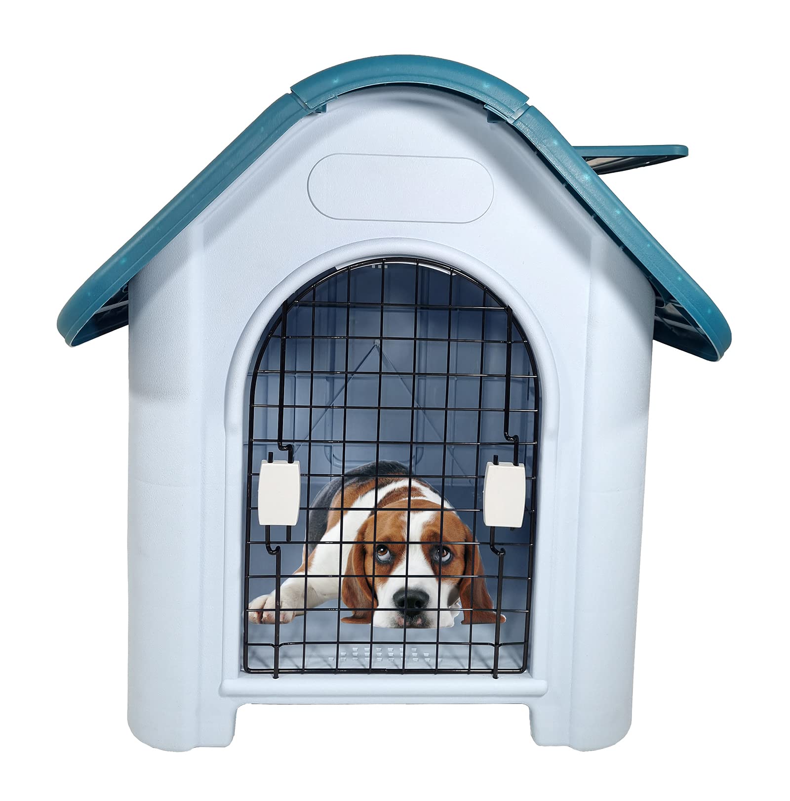 Waterproof plastic dog house with Roof, Durable PP material, Ventilation holes, Lockable door, and Raised floor, Indoor/Outdoor pet shelter for Small to medium dogs, Easy to assemble, 75 cm (Green)