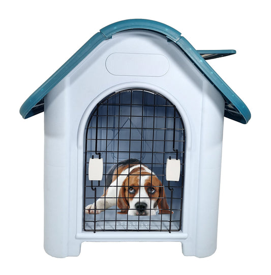 Waterproof plastic dog house with Roof, Durable PP material, Ventilation holes, Lockable door, and Raised floor, Indoor/Outdoor pet shelter for Small to medium dogs, Easy to assemble, 75 cm (Green)