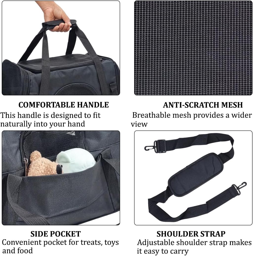 Pet carrier bag for Cats & Small dogs, Four-sided breathable cat bag with Adjustable shoulder strap, Zipper closure, Side pocket, and Durable polyester material, Ideal for Outdoor travel 45 cm (Black)