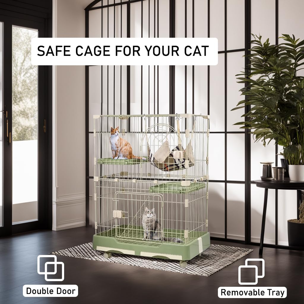 NNC PETS 2-Tier Cat Cage Indoor - Metal Wire Cat Crate Playpen Kennel with 2 Lockable Doors, Climbing ladder, Removable Tray &b Universal Wheels - Easy Assembly, 102 cm(Green, Medium)