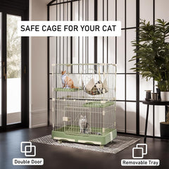 NNC PETS 2-Tier Cat Cage Indoor - Metal Wire Cat Crate Playpen Kennel with 2 Lockable Doors, Climbing ladder, Removable Tray &b Universal Wheels - Easy Assembly, 102 cm(Green, Medium)