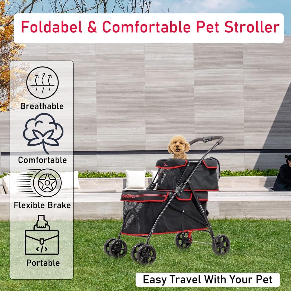 Cat Stroller | Dog Stroller with Adjustable Canopy & Spacious Interior | Pet Stroller for Dog & Cats | Lightweight, Foldable, Storage Bag & Universal Wheels | Travel & Outdoor(Midnight Black)