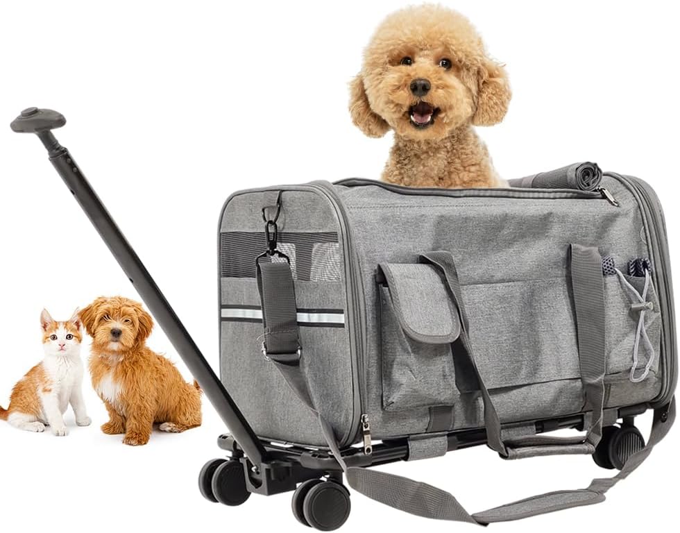Pet stroller bag, Multifunctional cat & dog rolling luggage bag with Ventilated design, Telescopic handle, Side pockets, Shoulder straps, and Detachable roller wheels, Airline approved 90 cm (Grey)