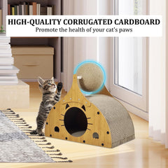 Wooden cat scratcher, Durable 2-in-1 cat scratcher & bed with Corrugated cardboard, Scratching ball, and Sturdy MDF Material, Suitable for Scratching, Playing, and Sleeping 50 cm (Brown)