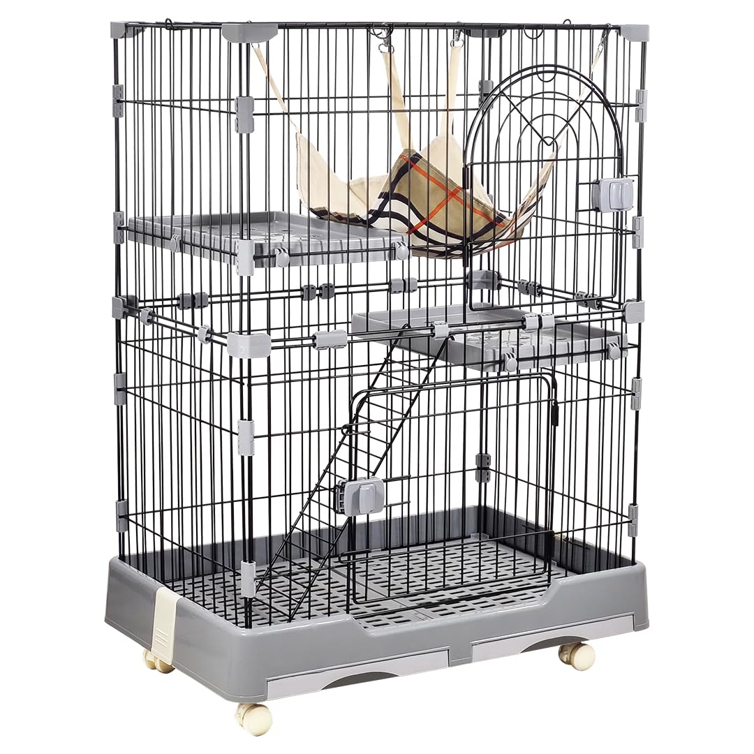 Cat Cage - Pet House for Indoor Cats & Kittens - 2 Lockable Doors, Climbing ladder, Removable Tray and Universal Wheels, 2-tier metal wire Cat Home - Easy Assembly 102 cm (Grey)