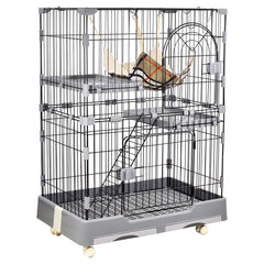Cat Cage - Pet House for Indoor Cats & Kittens - 2 Lockable Doors, Climbing ladder, Removable Tray and Universal Wheels, 2-tier metal wire Cat Home - Easy Assembly 102 cm (Grey)