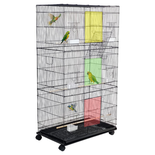 Multi-level bird cage for Small to Medium Parrots, Cockatiels and Lovebirds, 140 cm Bird Villa with Wooden perches, Removable Base Pan, Feeding cups, Wide Front Doors, and Strong Metal Wire (Black)