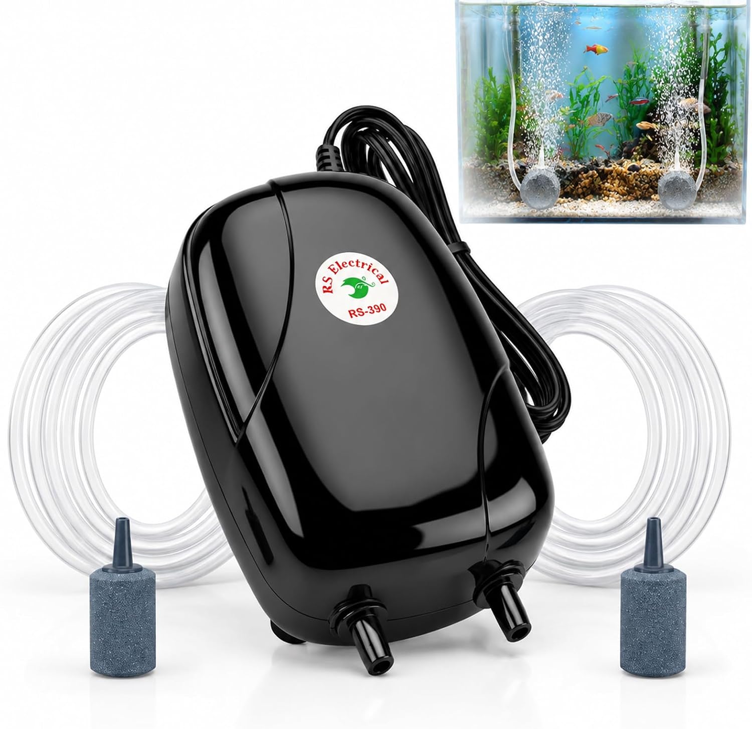 Aquarium Air Pump, 5W Dual Outlet Fish Tank Air Pump for 20-125 Gallon Tank, Ultra Silent Powerful Aquarium Pump Hydroponic Oxygen Aerator with Stones, Airline Tubing for Small Medium Large Fish Tank