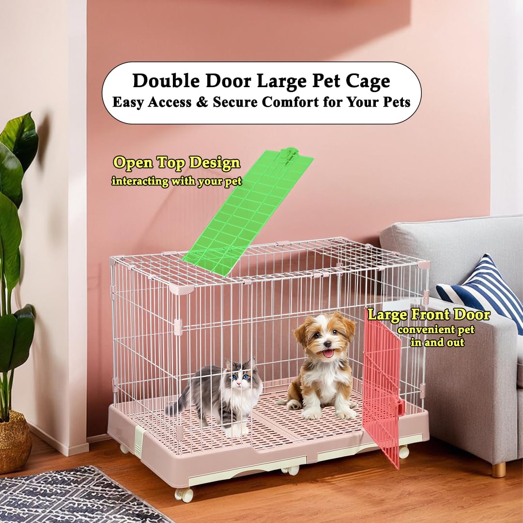 Pet Cage for Cat & Dogs | Dog Cage with Open-Top Design, Metal Wire, Lockable Door, Removable Tray and Universal Wheels | Ideal for Indoor/Outdoor | Easy to Assemble 98 cm (Pink)