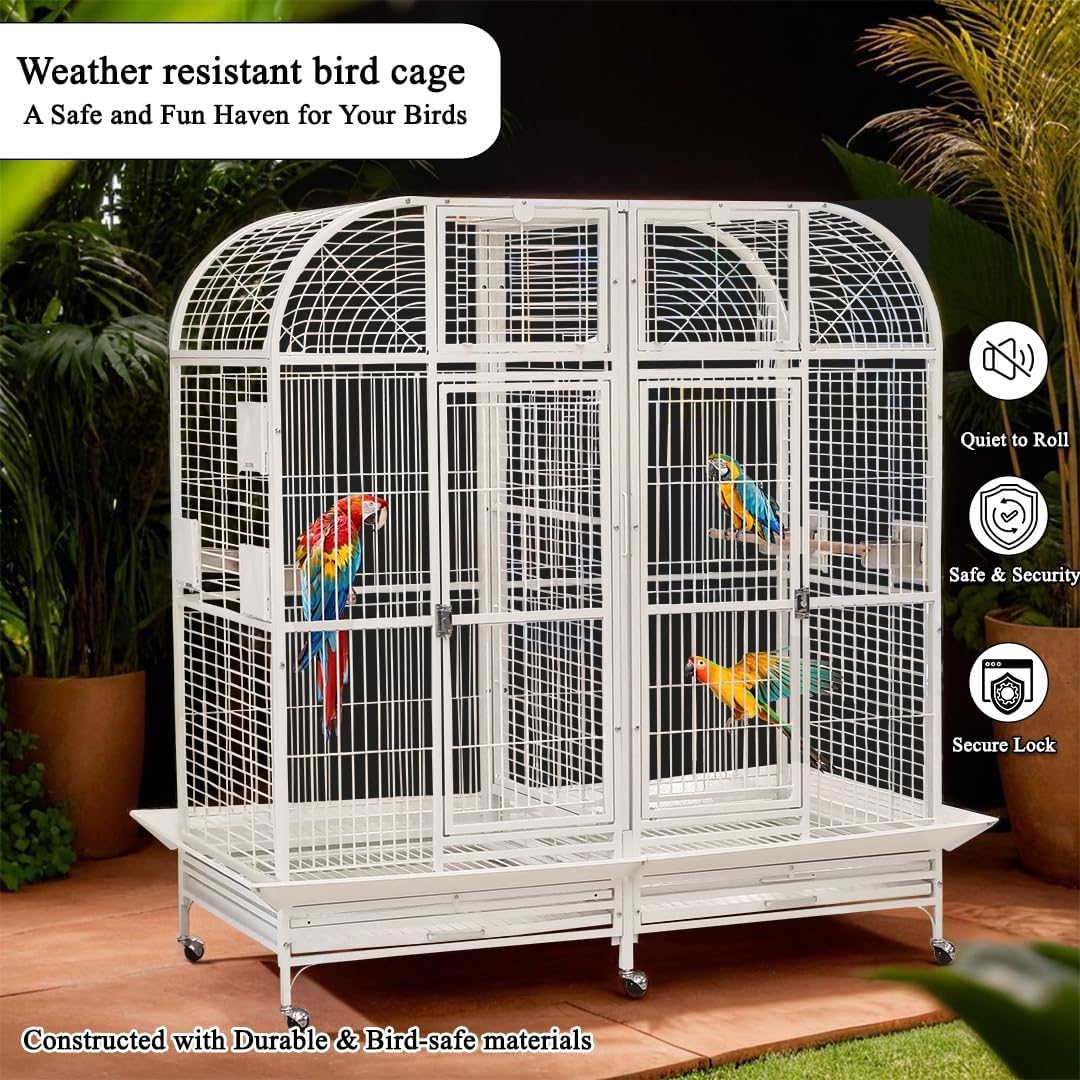 Extra large bird cage for Parrots, Macaws, and Other large birds, Heavy-duty Partition cage with Wooden perches, Feeding cups, Lockable door, Removable tray, and Universal wheels 180 cm (White)