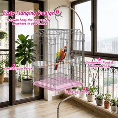 Heavy-Duty Bird Cage with Hanging Hook, Durable Metal Wire, Portable, 54 cm Parrot Cage with Perch, Feeding Cups, and Removable Tray, Indoor Bird House for Cockatiels and Small Birds, Silver