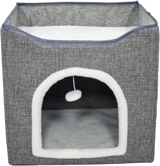 Cat house bed with 2-tier bed design, Sisal scratching post, Detachable washable mat, Plush hanging ball, Foldable design, and Anti-slip design, Ideal for indoor cats & kittens, 39 cm