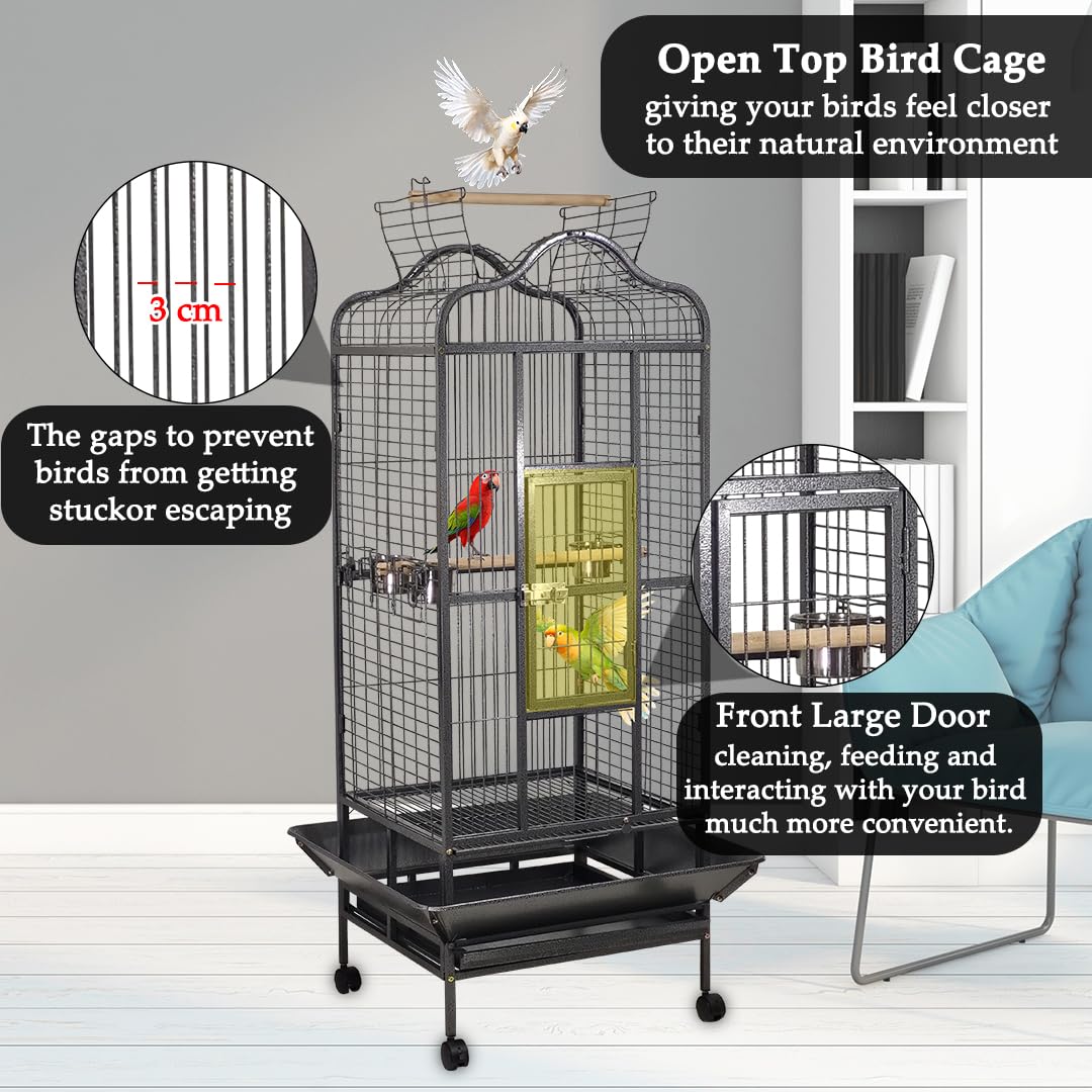 Bird Cage Large with Open-Top Design, Parrots, Parakeet, Macaw | Feeding Bowls & Wooden Perches | Removable Tray & Universal Wheels | Suitable for All Birds