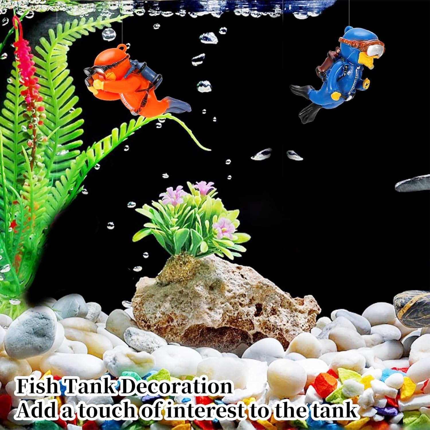 Fish Tank Decorations | 2 Pack Floating Scuba Diver Ornaments with Bubble Balloons | Aquarium Decorations for Freshwater & Saltwater Tanks | Diver Figurines for Fish Tank (Orange, Blue)