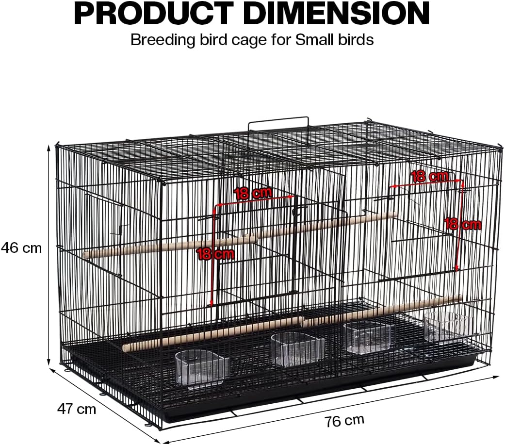 Bird cage with Divider, Wooden perch, Feeding cups, and Removable tray, Sturdy metal wire breeding bird cage for Small-sized birds, Suitable for Indoor/Outdoor use, 76 cm (Black)