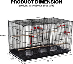 Bird cage with Divider, Wooden perch, Feeding cups, and Removable tray, Sturdy metal wire breeding bird cage for Small-sized birds, Suitable for Indoor/Outdoor use, 76 cm (Black)
