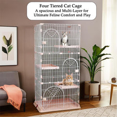 NNC PETS 3-Tier Large Cat Cage Playpen Kennel - 162cm Metal Wire Cat Crate with 3 Lockable Doors, Cozy Hammock, Climbing ladder, Drawer Tray & Universal Wheels, Easy Assembly (Light Pink, Large