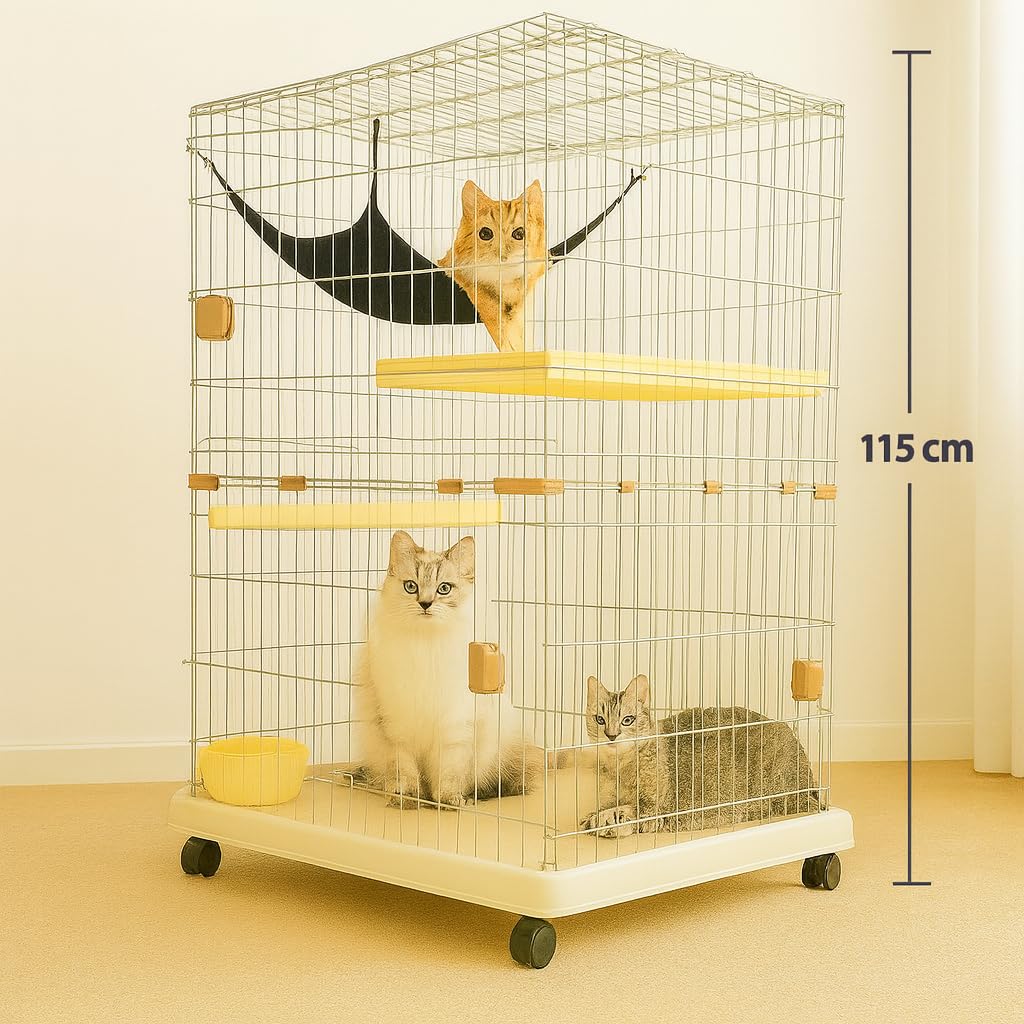 NNC PETS Cat Cage Kennel with 2-lockable Doors - 2-Tiier Metal Wire Pet Cat House Playpen for Indoor Cats - Cozy Hammock, Climbing Ladder, Drawer Tray & Universal Wheels, Easy Assembly (Beige, 115 cm)