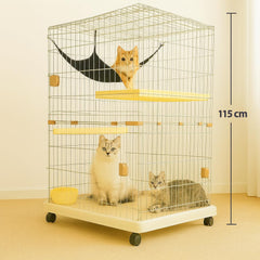 NNC PETS Cat Cage Kennel with 2-lockable Doors - 2-Tiier Metal Wire Pet Cat House Playpen for Indoor Cats - Cozy Hammock, Climbing Ladder, Drawer Tray & Universal Wheels, Easy Assembly (Beige, 115 cm)