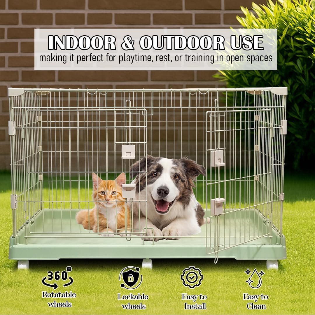 Cat Cage with Universal Wheels, Wide Main Door, Durable and Sturdy Metal Wire, 98 cm Dog Cage with Secure Lock, Easy to Assemble, Indoor-Outdoor Cat Kennel, Ideal for All Size of Pets, Green