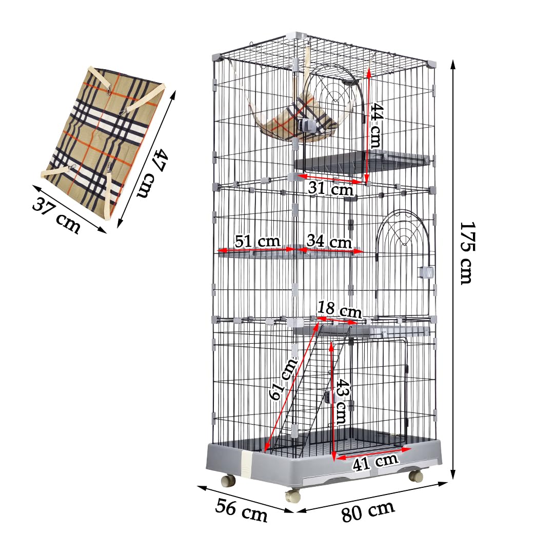 Large Cat Cage for Indoor Cats & Kittens - 3-tier Metal Wire Grey Cat House with 3 Lockable Doors, Pet Home - Cozy Hammock, Climbing ladder, Drawer Tray and Universal wheels, Easy Assembly 175 cm
