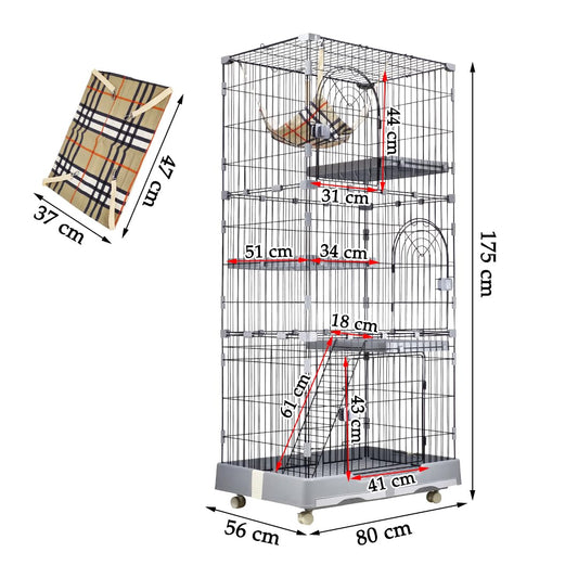 Large Cat Cage for Indoor Cats & Kittens - 3-tier Metal Wire Grey Cat House with 3 Lockable Doors, Pet Home - Cozy Hammock, Climbing ladder, Drawer Tray and Universal wheels, Easy Assembly 175 cm