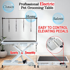 Electric Pet Grooming Table with Foot pedal, Power outlets & USB, Tool Hook and Storage, 191 cm Dog grooming station with Electric motor, Non-slip & Replaceable surface, Height adjustable (White)