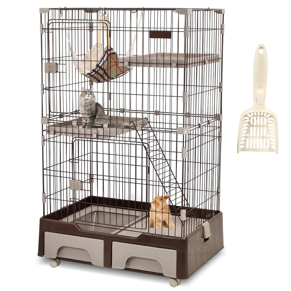 Cat cage playpen for Multi-cat household, 3-tier cat cage with Cozy hammock, Wide platform, Climbing ladder, Build-in litter box, and Universal wheels, Ideal for indoor/outdoor use 133 cm (Chocolate)