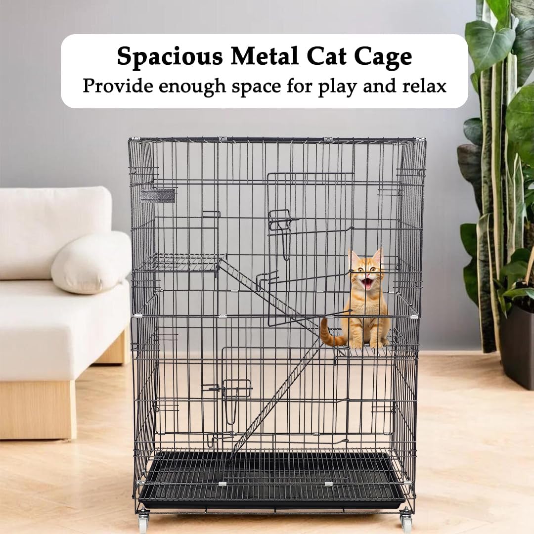 Cat Cage - Pet House & Villa with 2-lockable Doors, Climbing ladders, Removable tra and Universal wheels, Durable 2-tier 104 cm Metal Cat House for Multi-cat Households, Easy to assemble (Black)