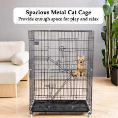 Cat Cage - Pet House & Villa with 2-lockable Doors, Climbing ladders, Removable tra and Universal wheels, Durable 2-tier 104 cm Metal Cat House for Multi-cat Households, Easy to assemble (Black)