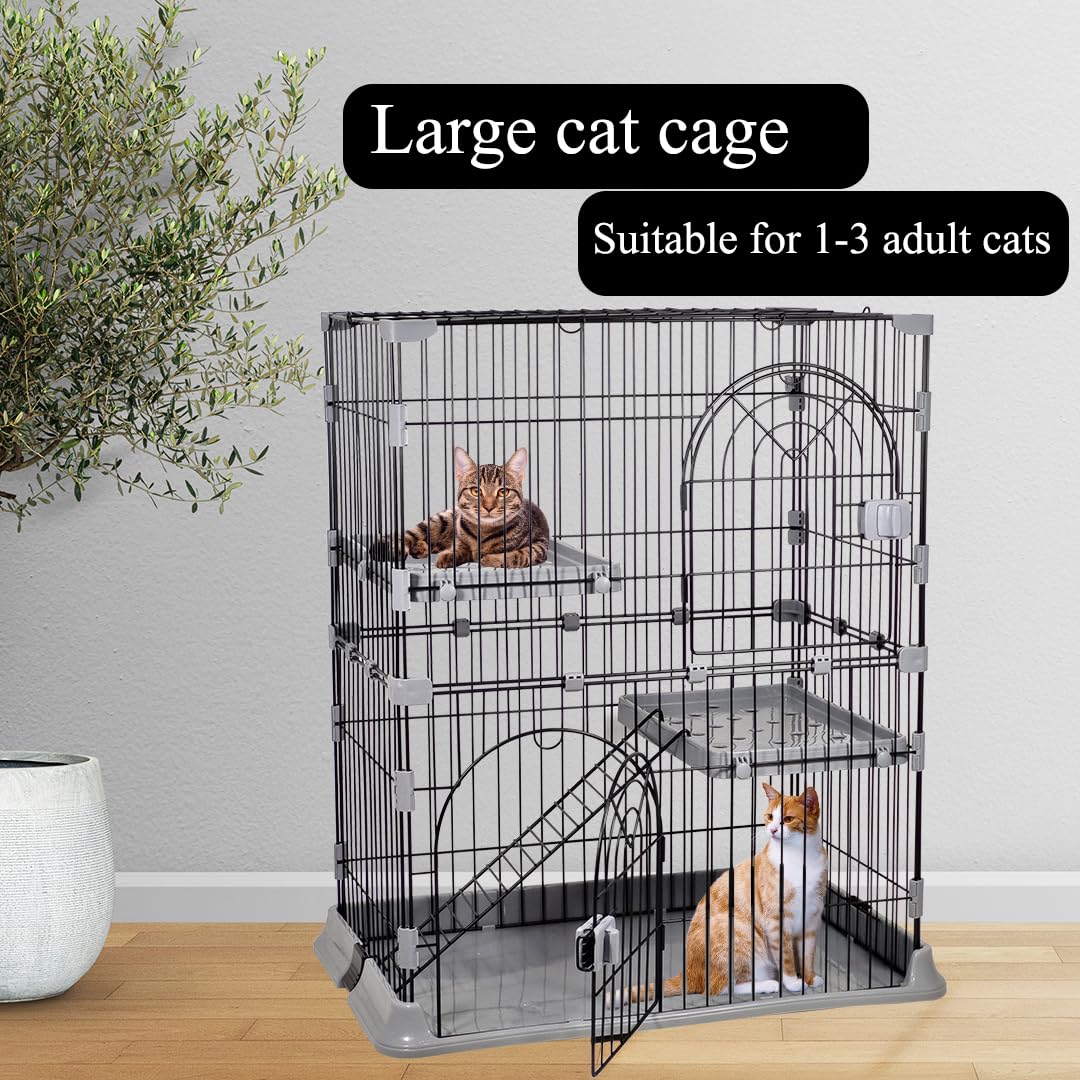 NNC PETS Cat Cage Kennel with 2-lockable Doors - 2-Tiier Metal Wire Pet Cat House Playpen for Indoor Cats - Cozy Hammock, Climbing Ladder, Drawer Tray & Universal Wheels, Easy Assembly (Grey, 88 cm)