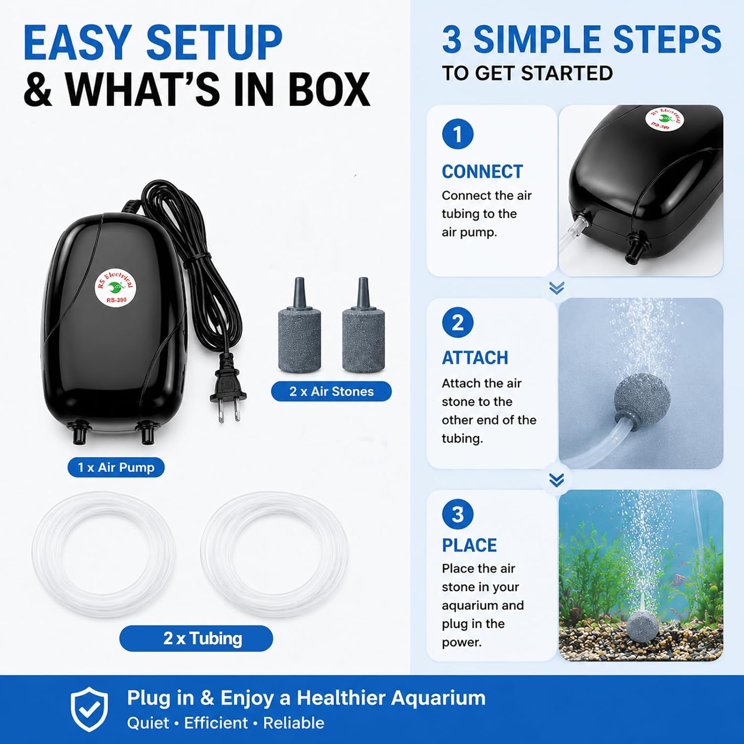 Aquarium Air Pump, 5W Dual Outlet Fish Tank Air Pump for 20-125 Gallon Tank, Ultra Silent Powerful Aquarium Pump Hydroponic Oxygen Aerator with Stones, Airline Tubing for Small Medium Large Fish Tank