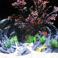 Aquarium Fish Tank Plastic Plants and Cave Rock Decorations Set 7 PCS, Small and Large Artificial Fish Tank Plants with Cave Rock Fish Tank Accessories Style B