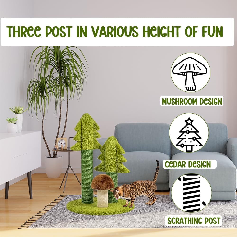 Cat tree scratcher with Cedar tree design, Sisal scratching post, Mushroom-shaped, and Stable base, Durable cat tree activity center for indoor cats, Ideal for healthy cat claws 56 cm (Green)