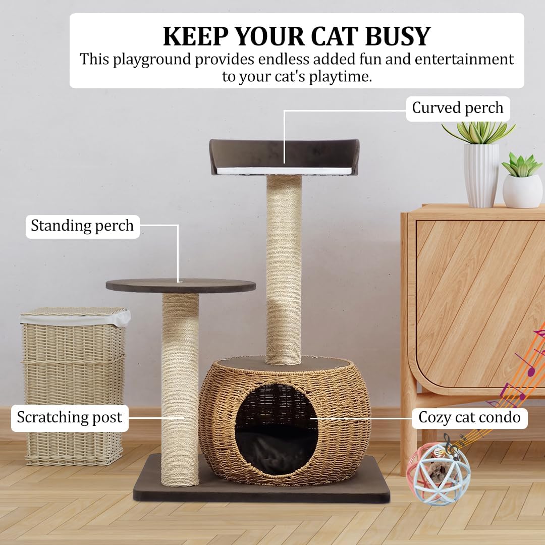 Cat Tree with Double Perches - 86cm Cat Tower House with Toy - Cat Condos & Comfortable Resting Area - Natural Sisal Scratching Post - Suitable for Indoor Cats & Kittens (Brown)