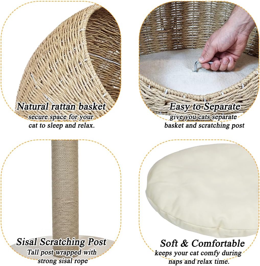 Cat tree small with Wicker basket, natural tower, Scratching post, and Easy to assemble, 75cm Indoor cat furniture for kittens to Adult cats, Cat play and Rest tower, Soft Cushion (Beige)