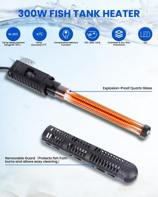 300W Aquarium Heater Digital Fish Tank Heater, Submersible Turtle Tank Heater for Tropical, LED Display of Water Temperature for 250L Tanks, Freshwater Betta Turtle
